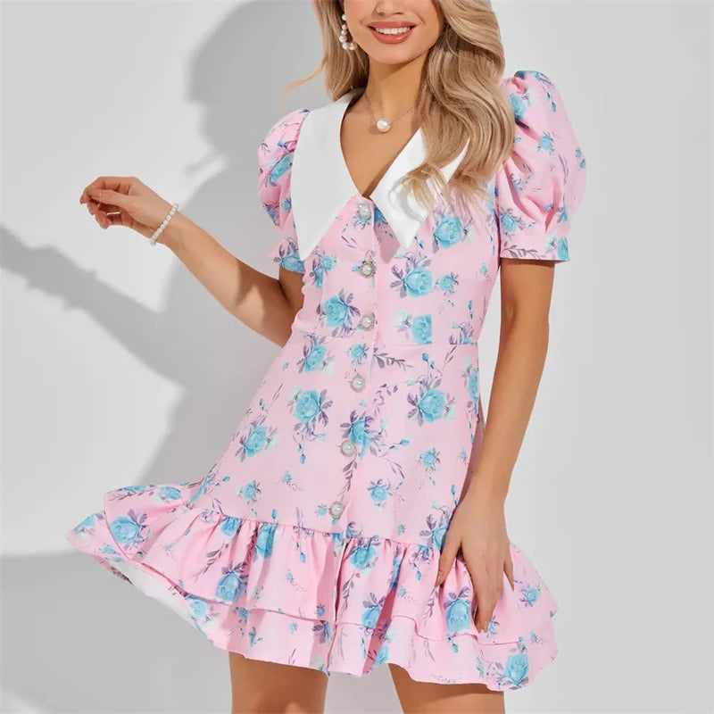 Tornova Print Puff Sleeves Ruffled Dress