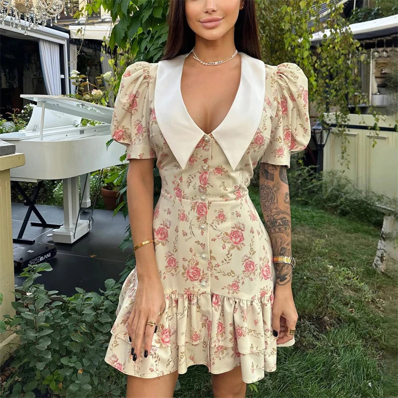 Tornova Print Puff Sleeves Ruffled Dress