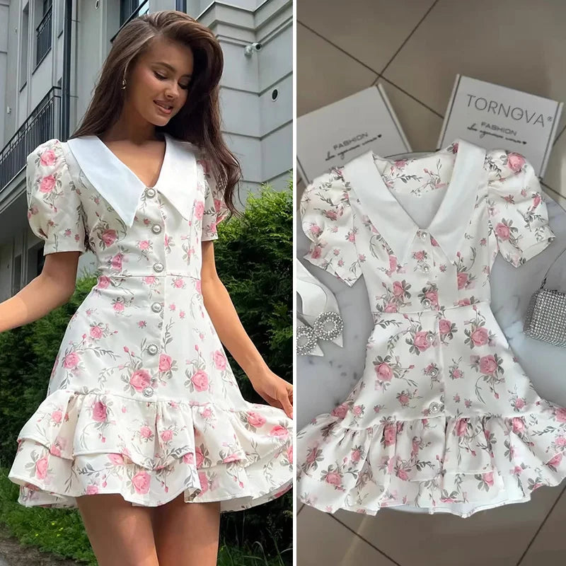 Tornova Print Puff Sleeves Ruffled Dress