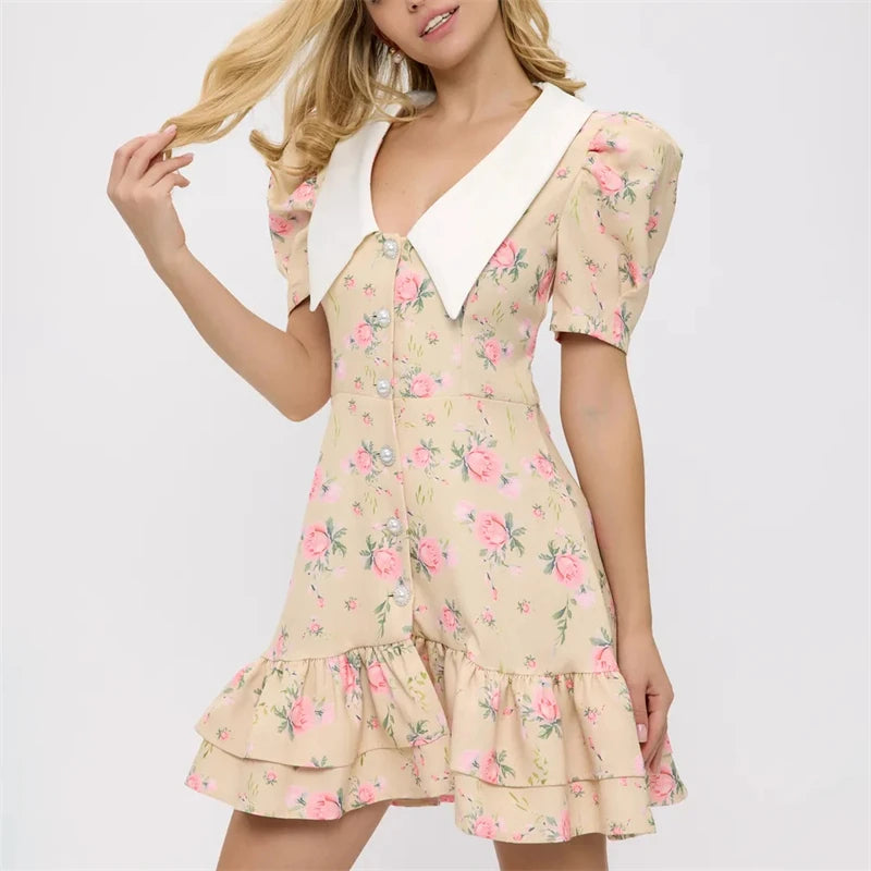 Tornova Print Puff Sleeves Ruffled Dress
