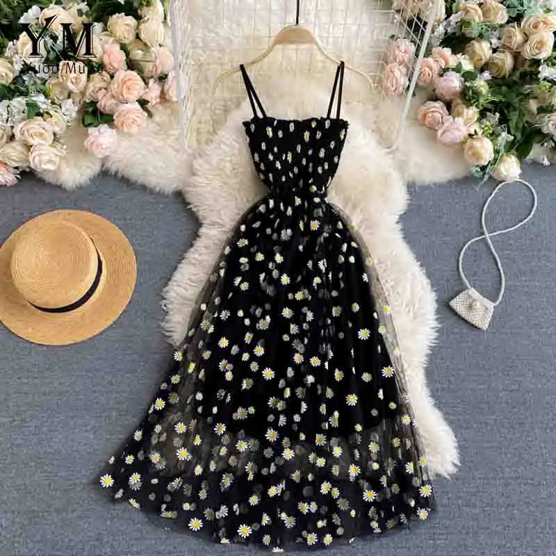 YuooMuoo Korean Fashion Daisy Flower Print Mesh Party Dress