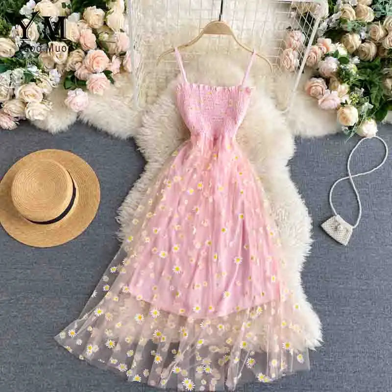 YuooMuoo Korean Fashion Daisy Flower Print Mesh Party Dress