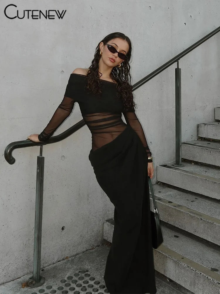 Cutenew Mesh Ruched Women Maxi Dress