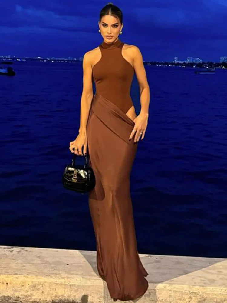 JULISSA MO Satin Sexy Hollow Out Women Maxi Dress