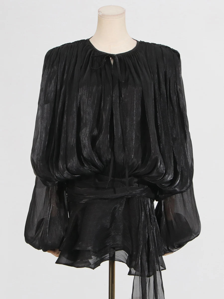 GALCAUR Solid Loose Splicd Lace Up Dresses
