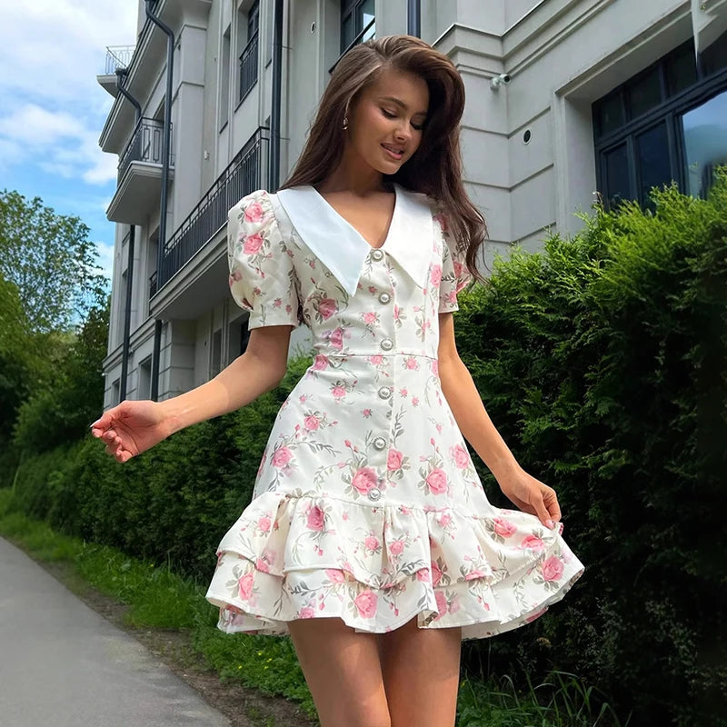 Tornova Print Puff Sleeves Ruffled Dress