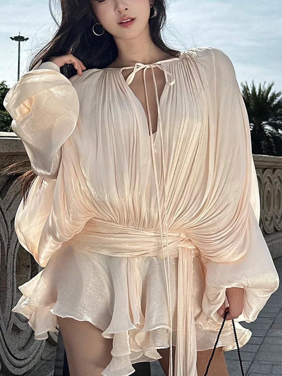 GALCAUR Solid Loose Splicd Lace Up Dresses
