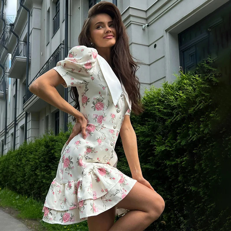 Tornova Print Puff Sleeves Ruffled Dress
