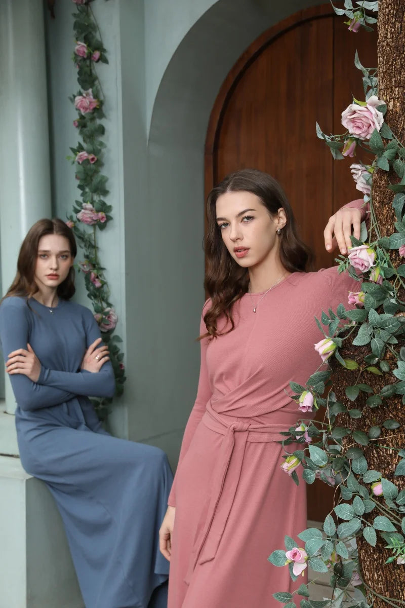 Ribbing closed-fit wrap tops + Aline dress high Stretch matching sets