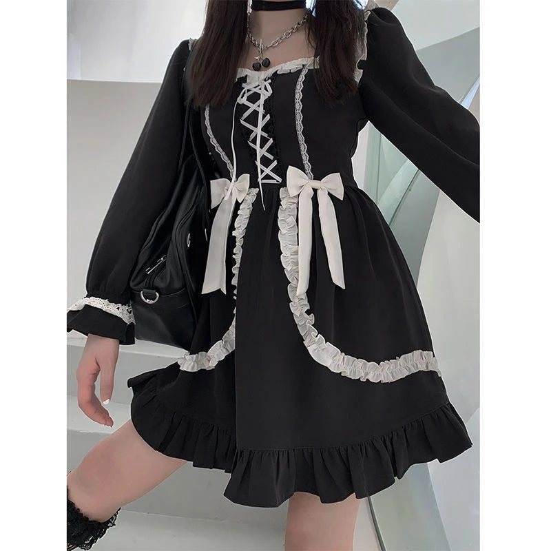 Harajuku Sweet Bow Black Plaid Dress