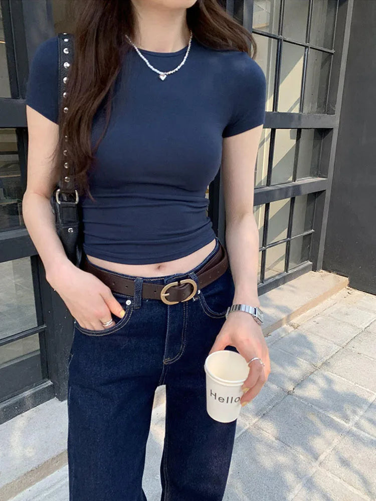 Basic Solid Crop Top Short Sleeve Crewneck Skinny T-shirt