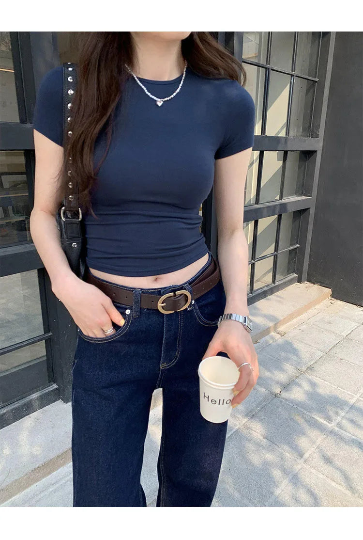 Basic Solid Crop Top Short Sleeve Crewneck Skinny T-shirt