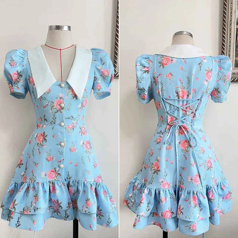Tornova Print Puff Sleeves Ruffled Dress