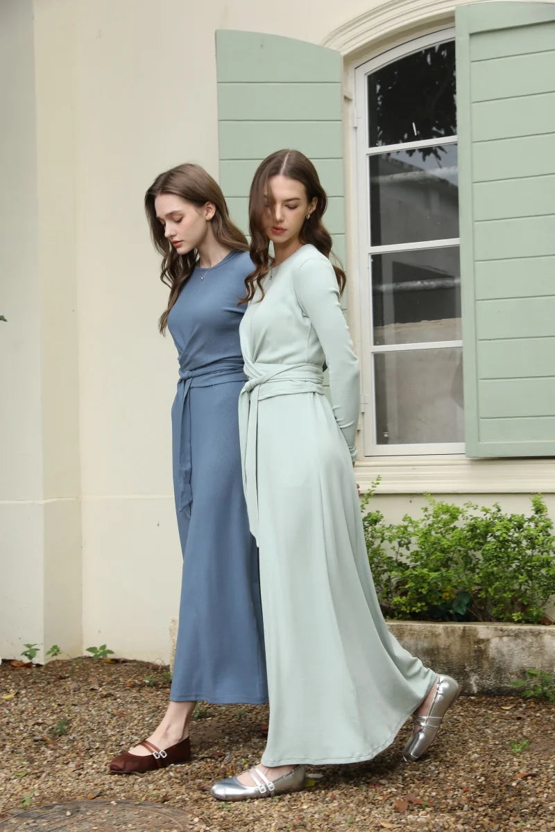 Ribbing closed-fit wrap tops + Aline dress high Stretch matching sets