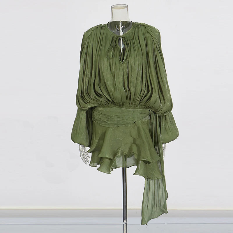 GALCAUR Solid Loose Splicd Lace Up Dresses