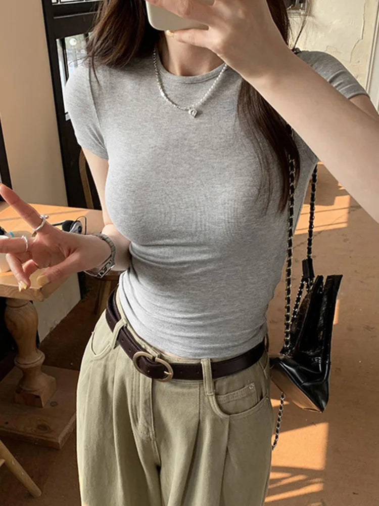Basic Solid Crop Top Short Sleeve Crewneck Skinny T-shirt