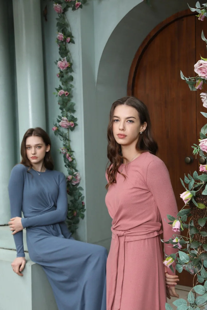 Ribbing closed-fit wrap tops + Aline dress high Stretch matching sets
