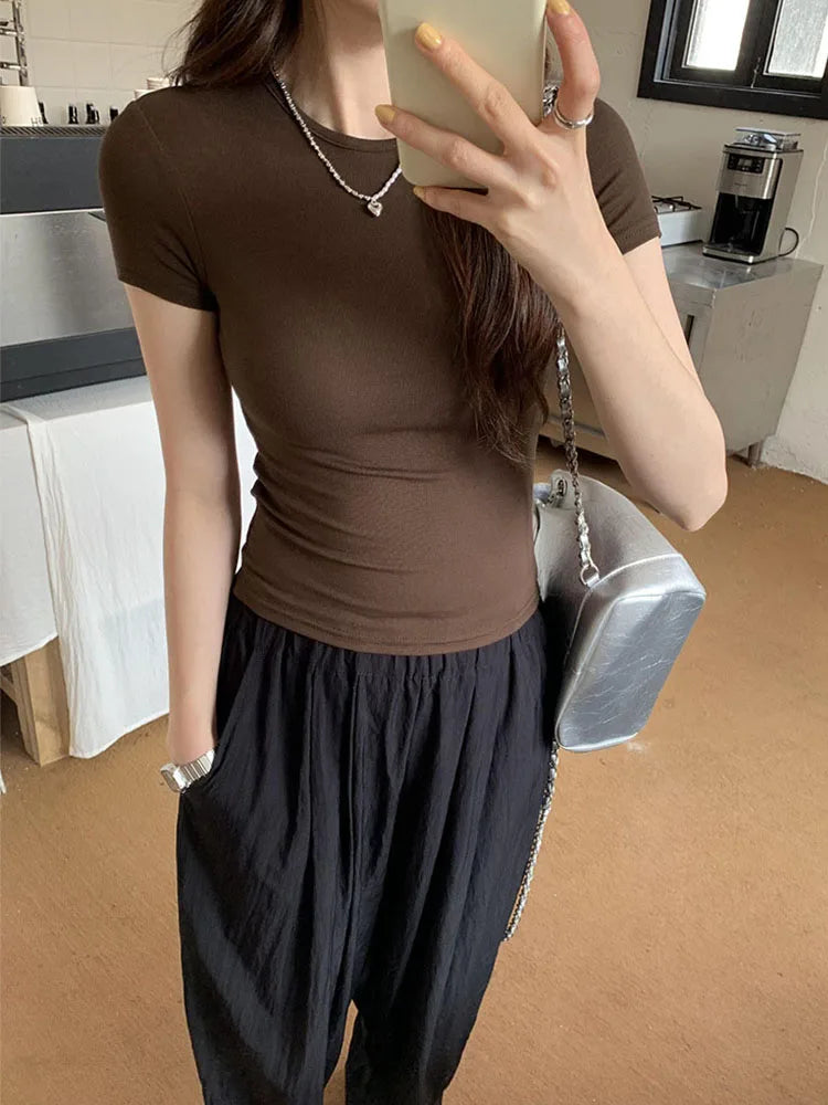 Basic Solid Crop Top Short Sleeve Crewneck Skinny T-shirt