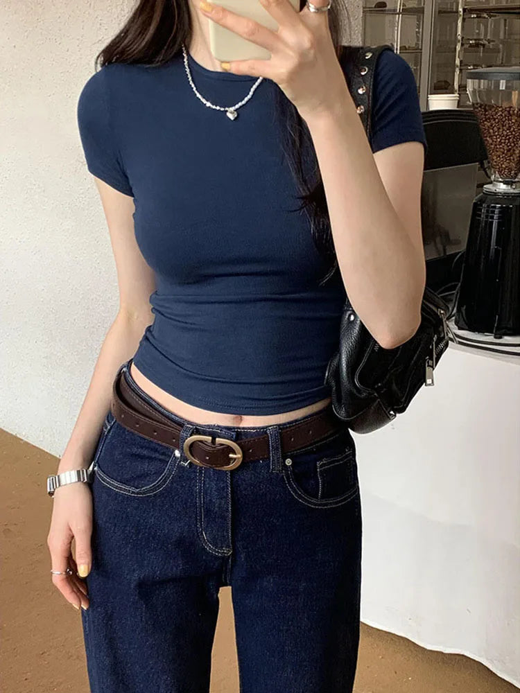 Basic Solid Crop Top Short Sleeve Crewneck Skinny T-shirt