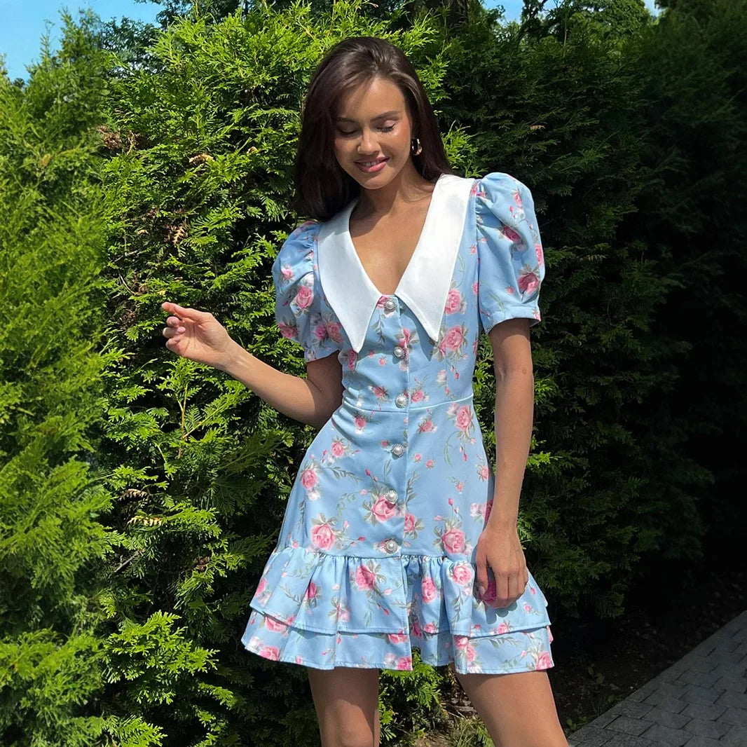 Tornova Print Puff Sleeves Ruffled Dress