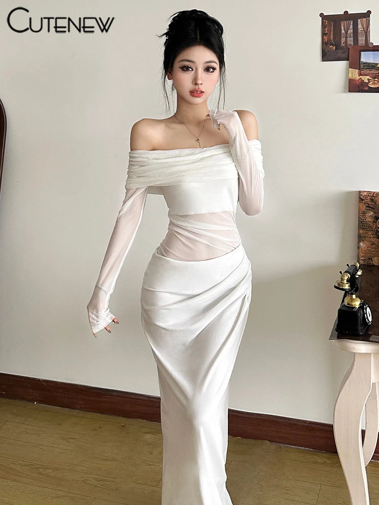 Cutenew Mesh Ruched Women Maxi Dress