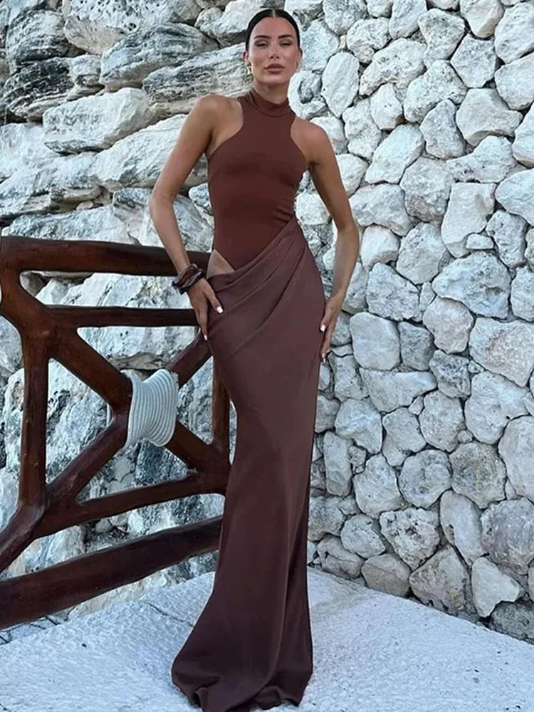 JULISSA MO Satin Sexy Hollow Out Women Maxi Dress