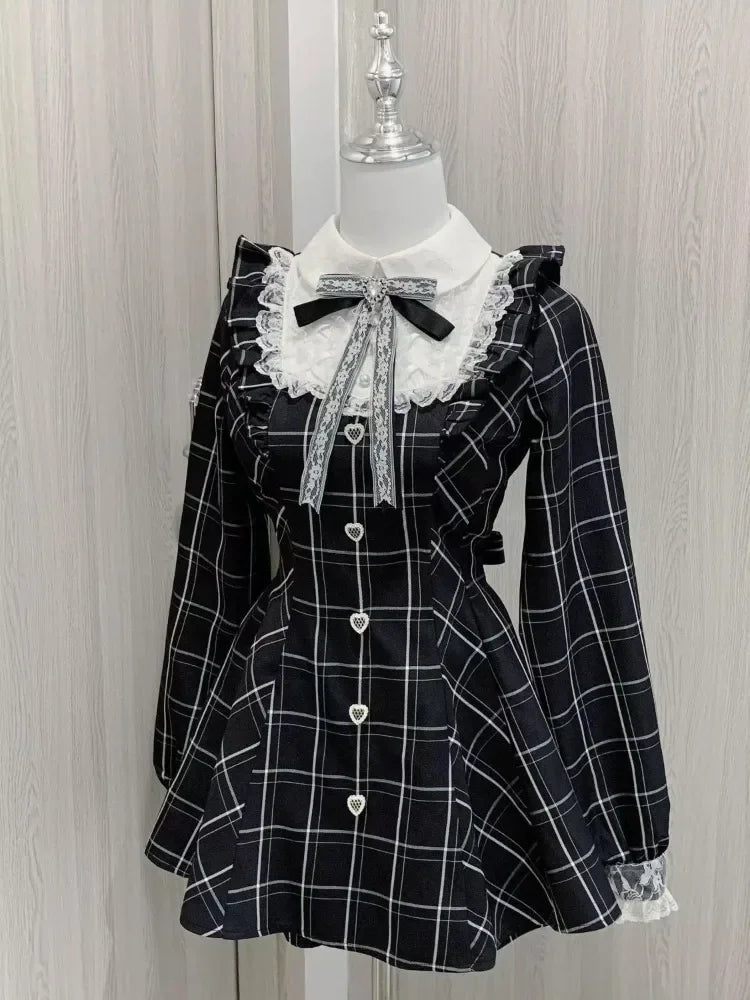 Harajuku Sweet Bow Black Plaid Dress
