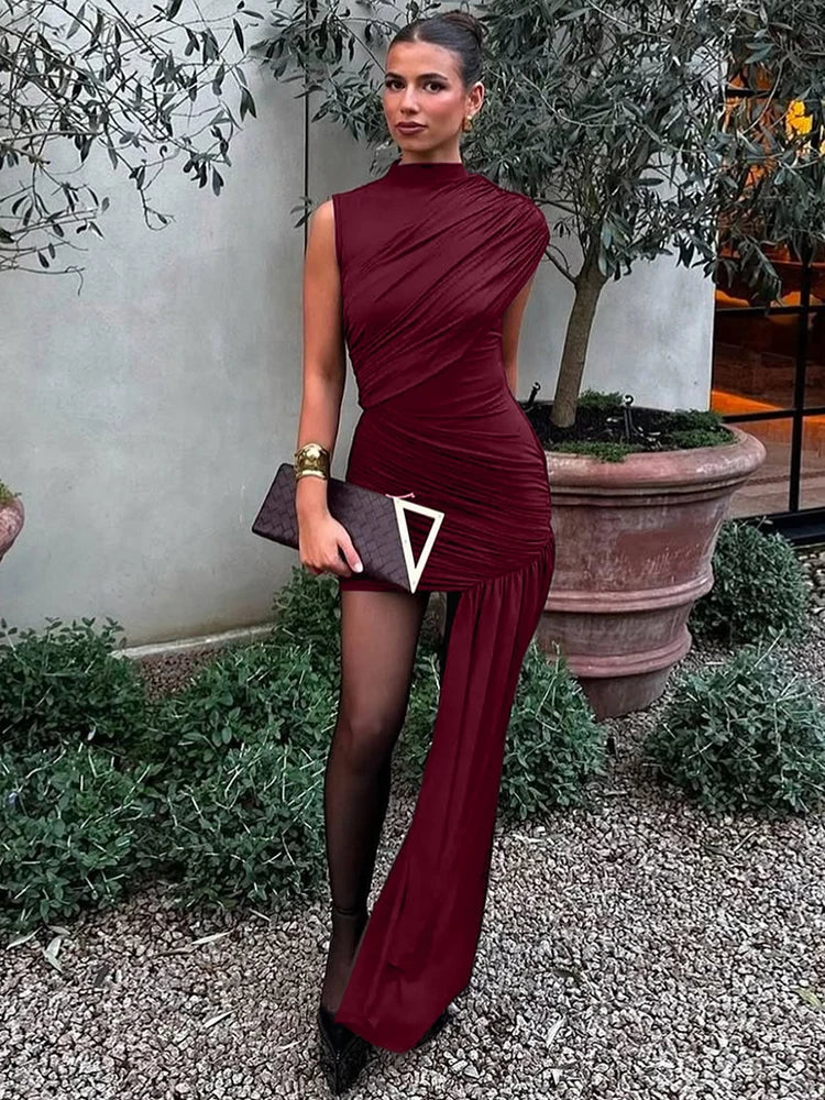 Mozision Irregular Draped Ruched Sexy Mini Dress