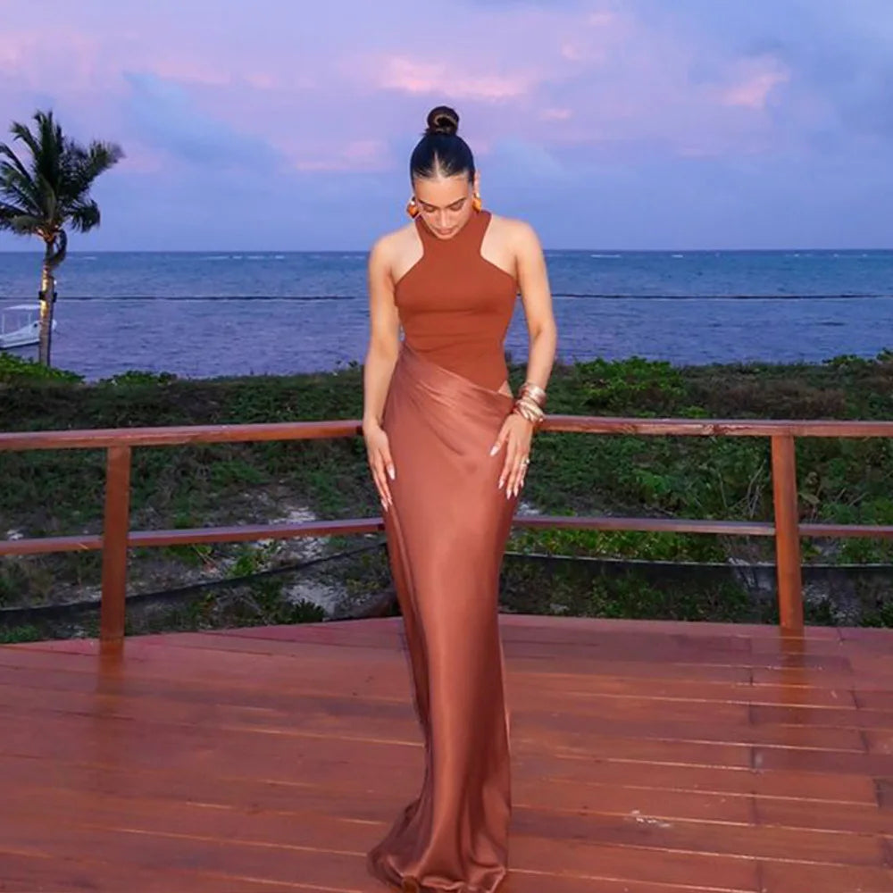 JULISSA MO Satin Sexy Hollow Out Women Maxi Dress