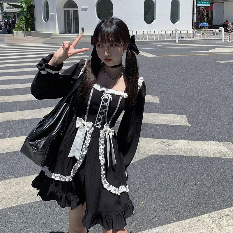 Harajuku Sweet Bow Black Plaid Dress