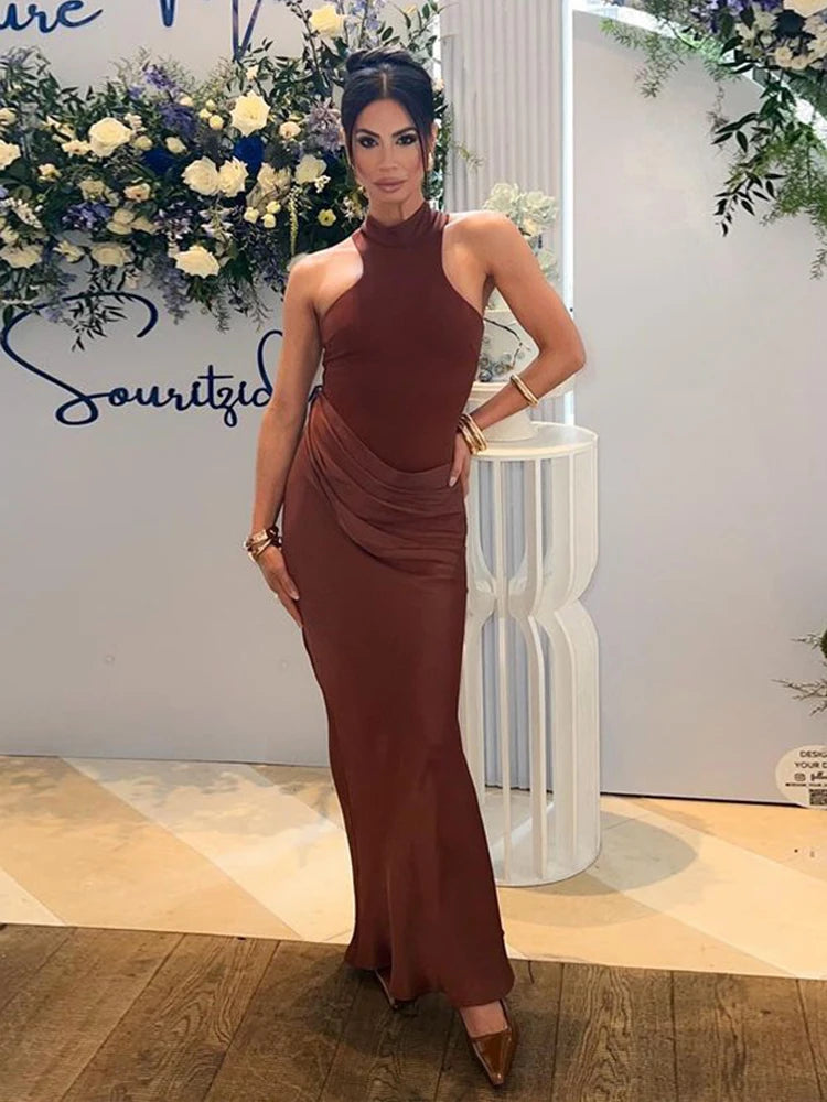 JULISSA MO Satin Sexy Hollow Out Women Maxi Dress