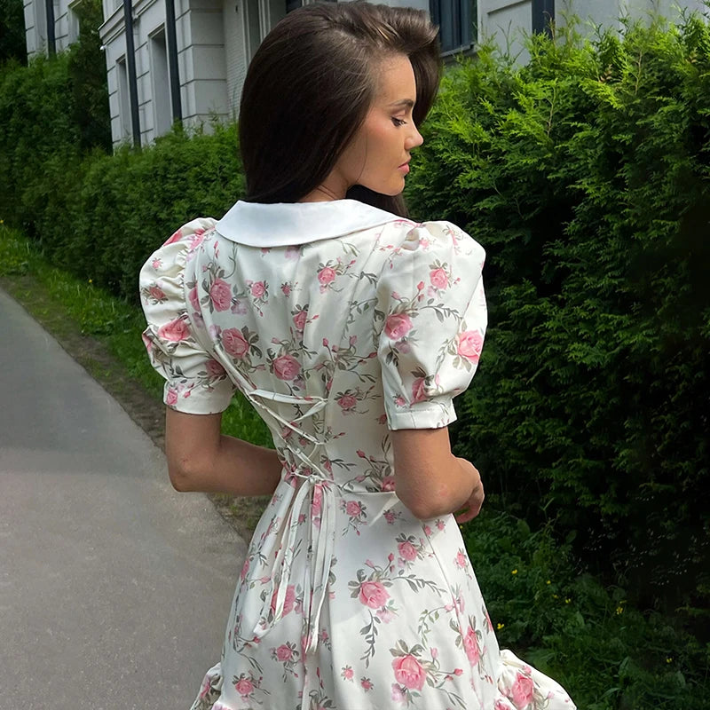 Tornova Print Puff Sleeves Ruffled Dress
