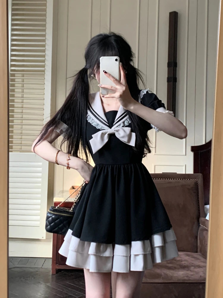 Harajuku Sweet Bow Black Plaid Dress