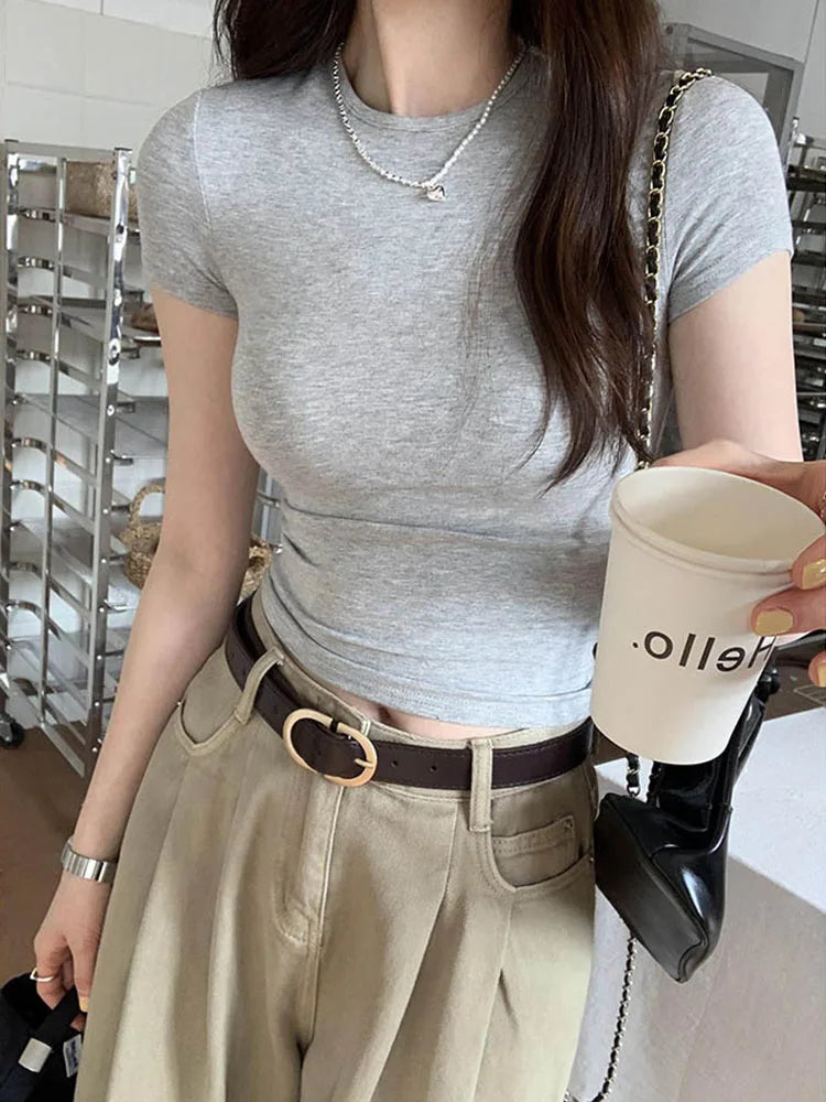 Basic Solid Crop Top Short Sleeve Crewneck Skinny T-shirt