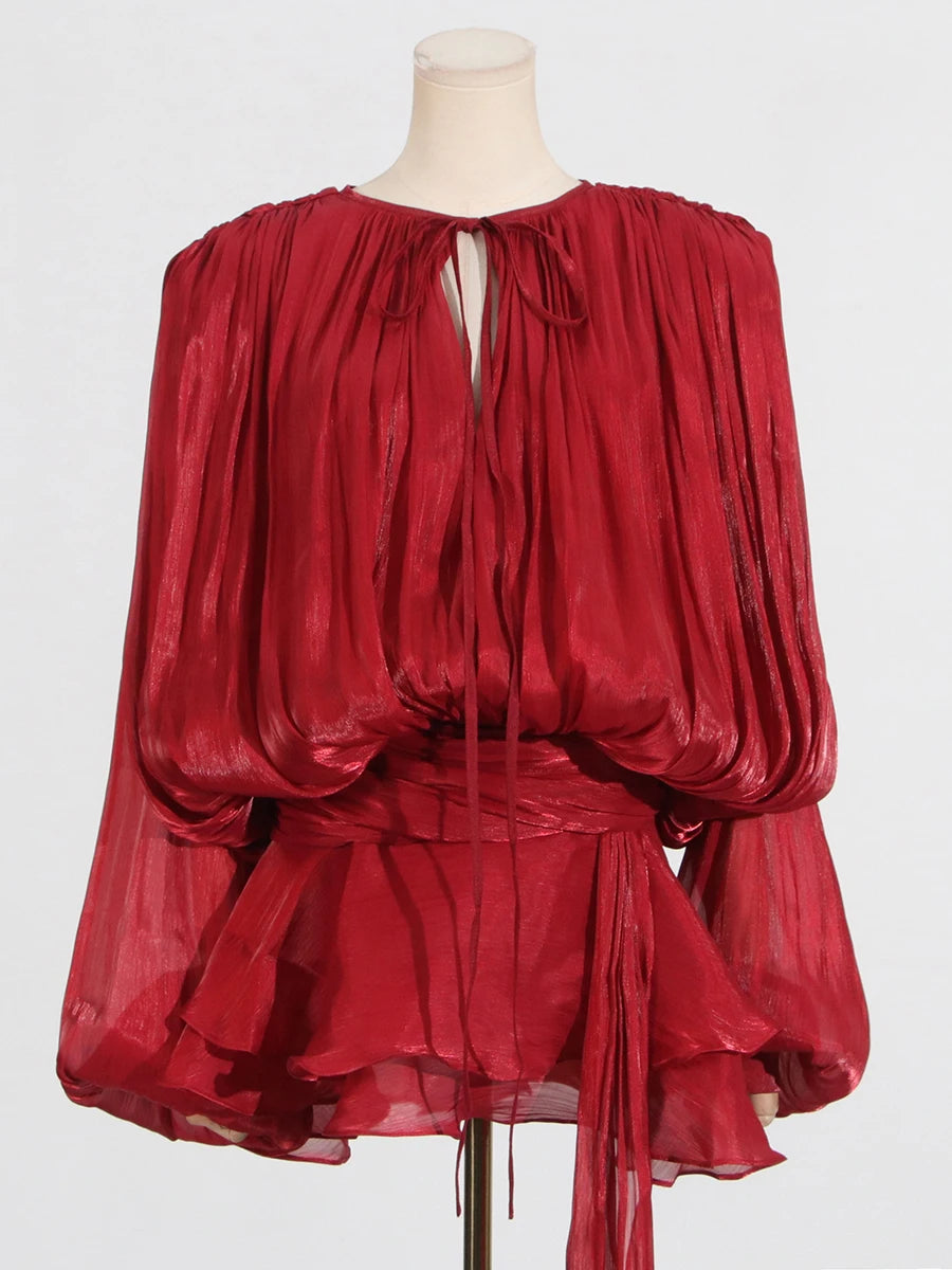 GALCAUR Solid Loose Splicd Lace Up Dresses