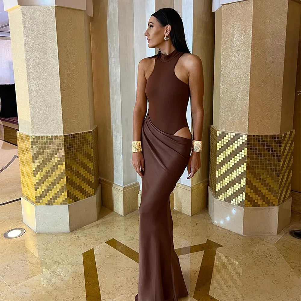 JULISSA MO Satin Sexy Hollow Out Women Maxi Dress