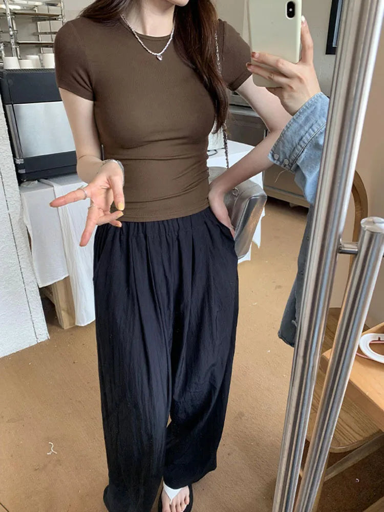 Basic Solid Crop Top Short Sleeve Crewneck Skinny T-shirt