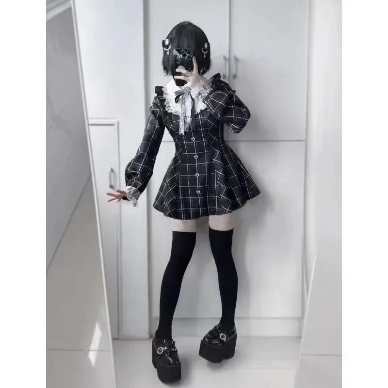 Harajuku Sweet Bow Black Plaid Dress