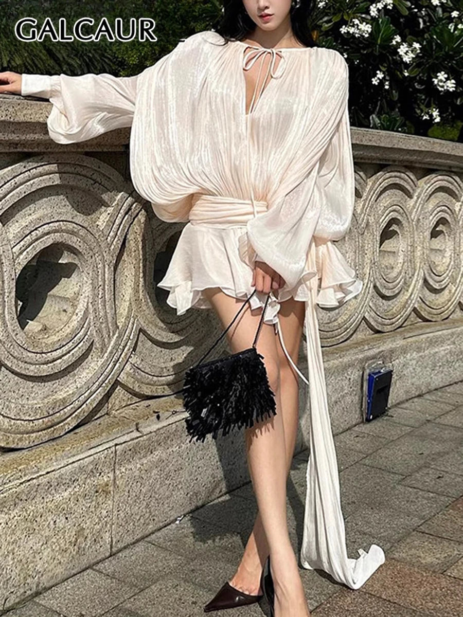 GALCAUR Solid Loose Splicd Lace Up Dresses
