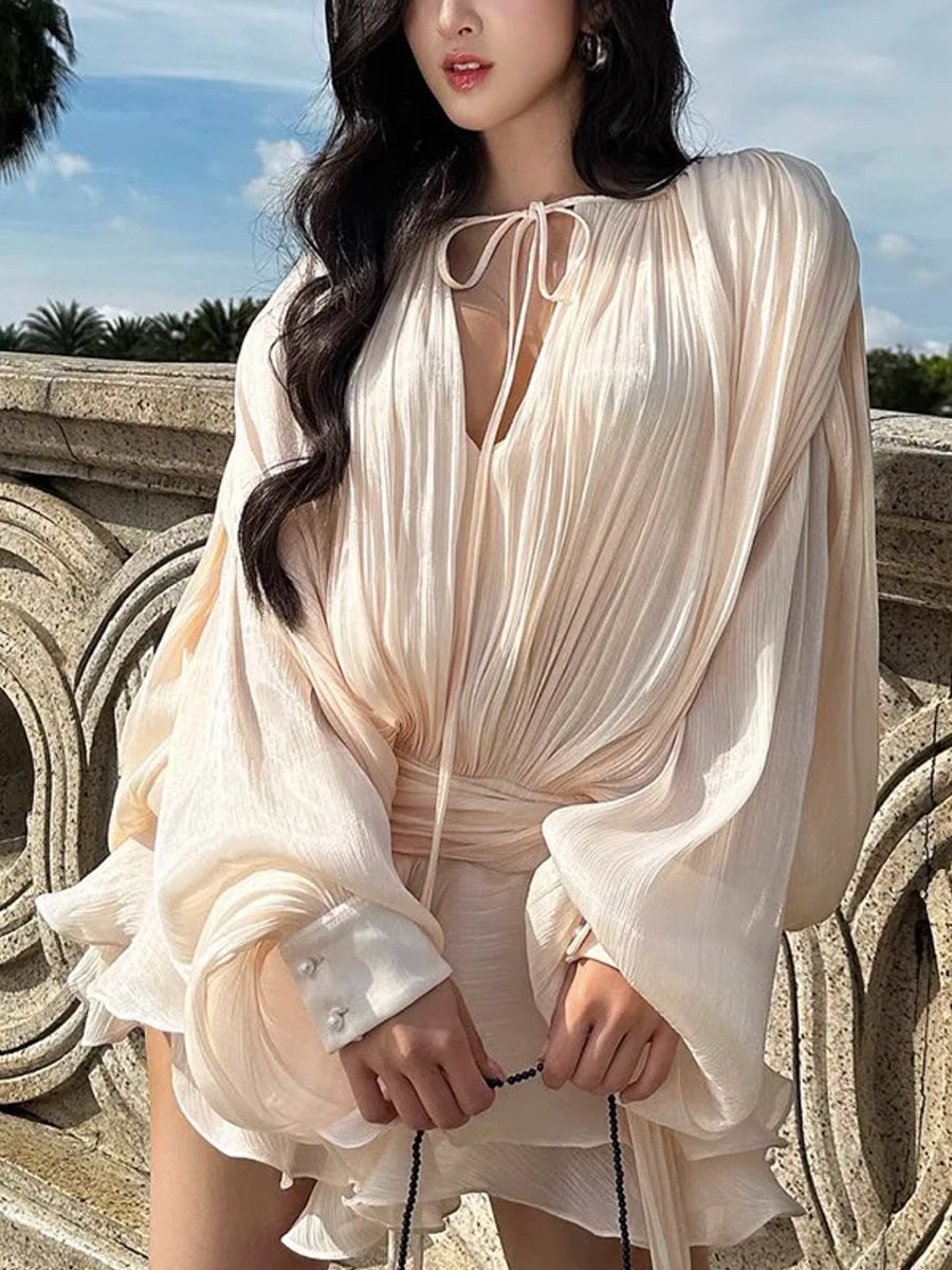 GALCAUR Solid Loose Splicd Lace Up Dresses