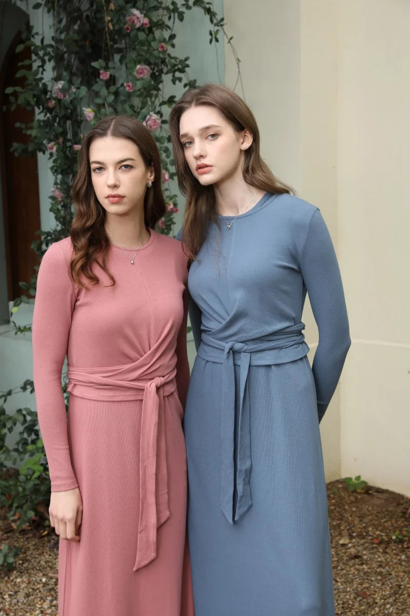 Ribbing closed-fit wrap tops + Aline dress high Stretch matching sets