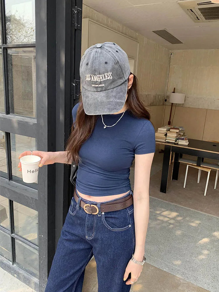 Basic Solid Crop Top Short Sleeve Crewneck Skinny T-shirt