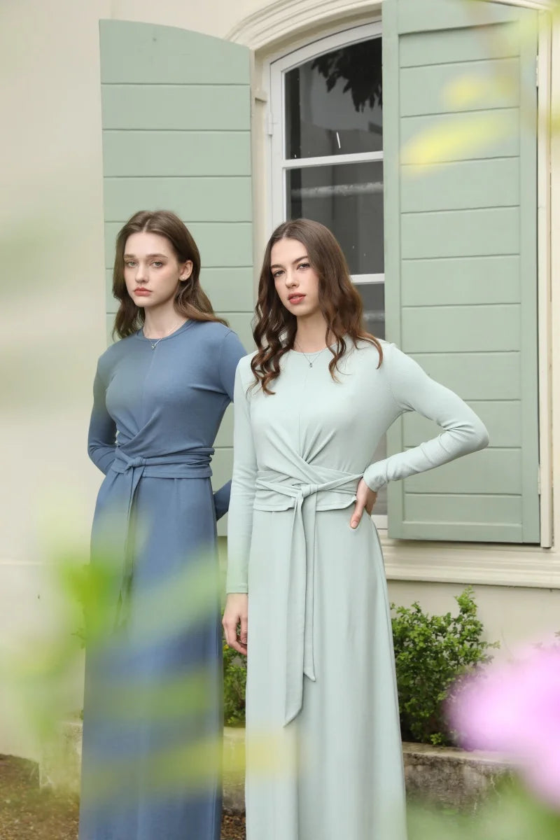 Ribbing closed-fit wrap tops + Aline dress high Stretch matching sets