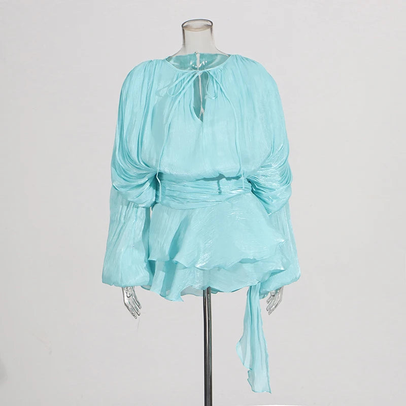 GALCAUR Solid Loose Splicd Lace Up Dresses