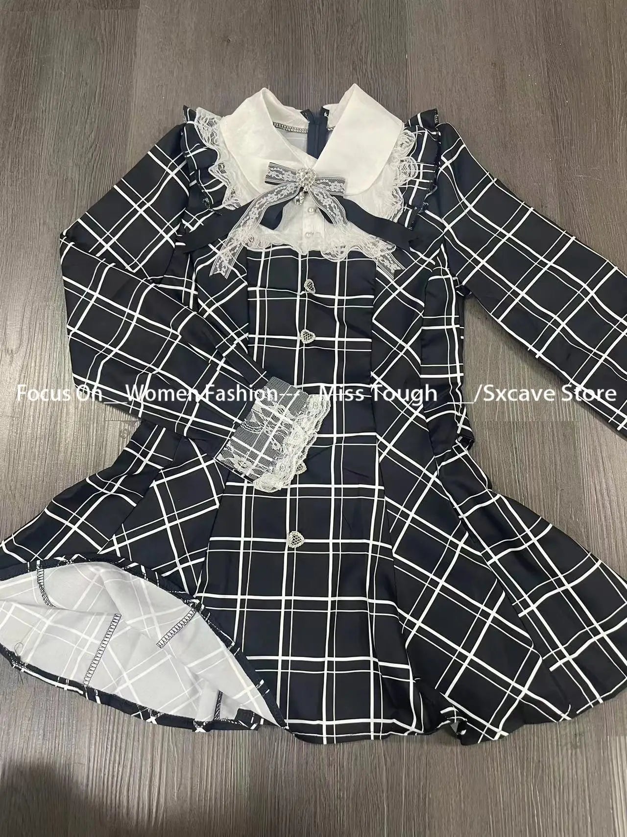 Harajuku Sweet Bow Black Plaid Dress