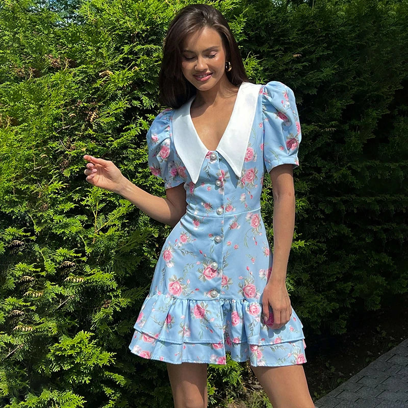 Tornova Print Puff Sleeves Ruffled Dress