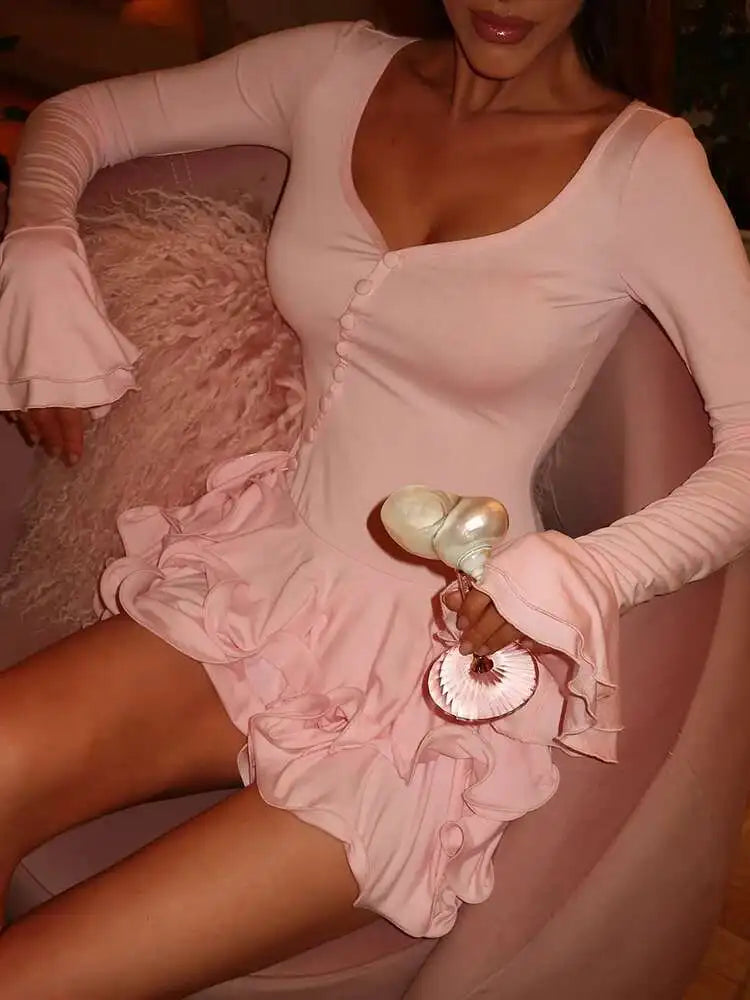 Blifanbo Flare Sleeve Ruffle Sexy V Neck Mini Dress